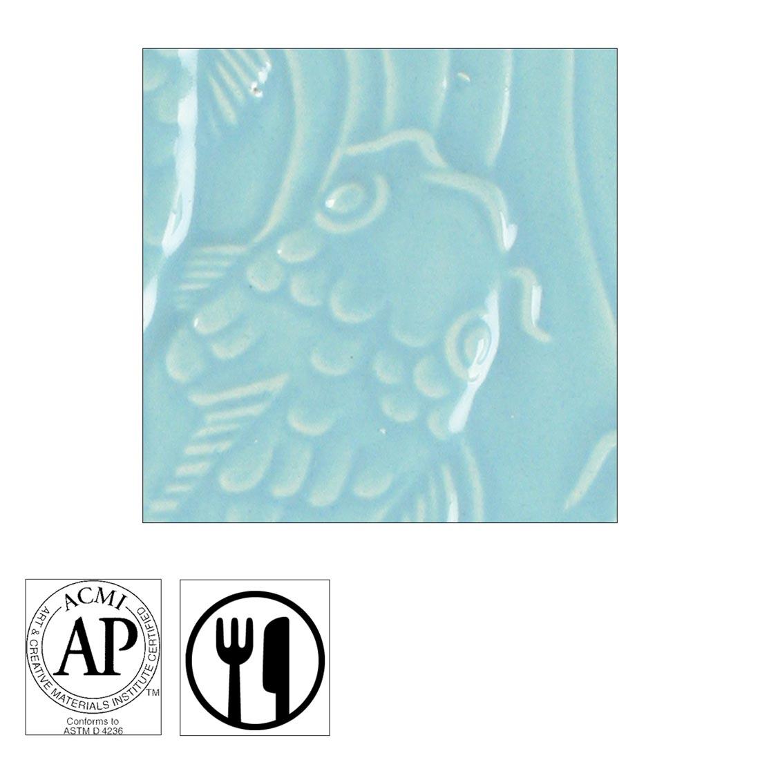 clay tile with Robin's Egg AMACO Gloss Glaze applied; symbols for AP Seal and food safe