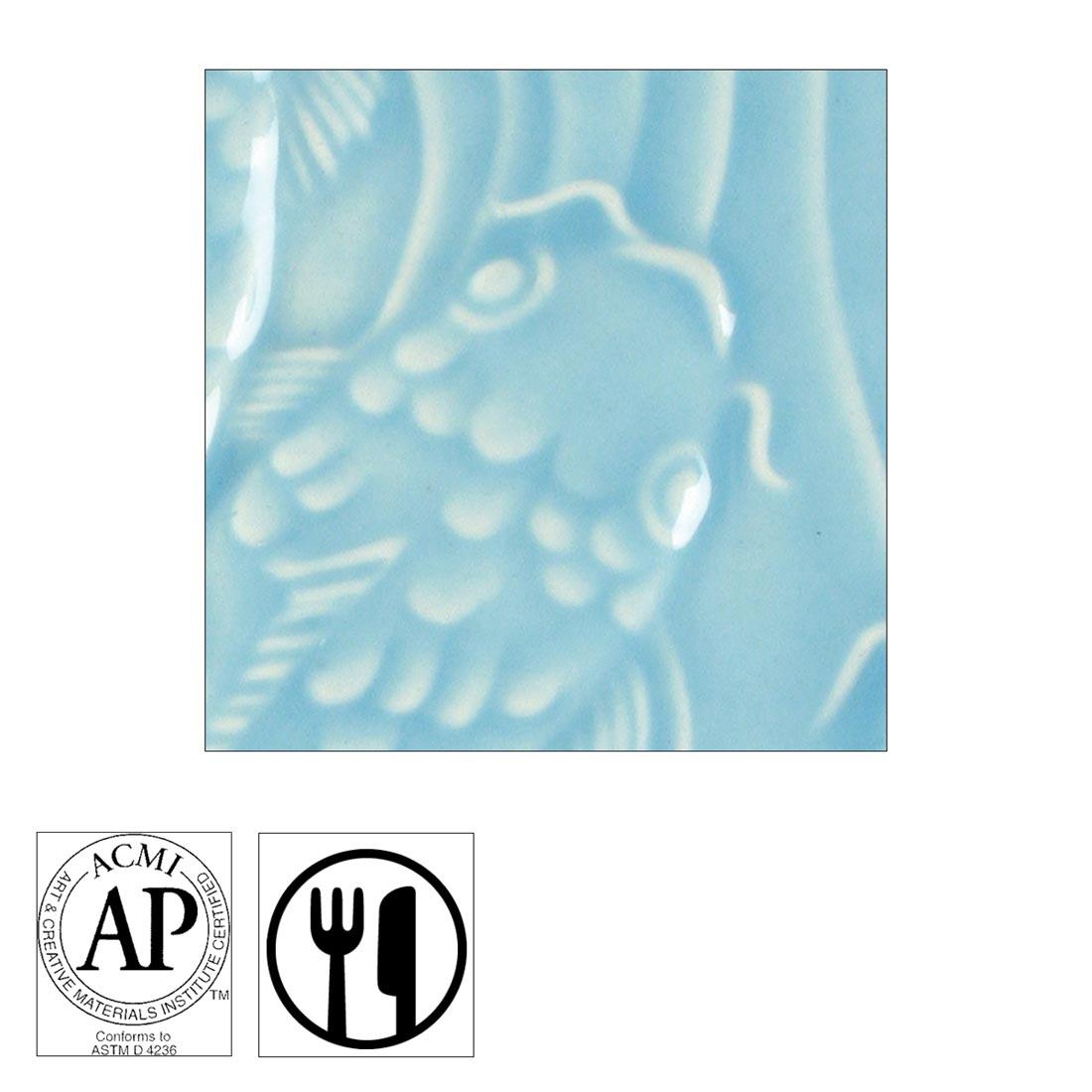 clay tile with Light Blue AMACO Gloss Glaze applied; symbols for AP Seal and food safe