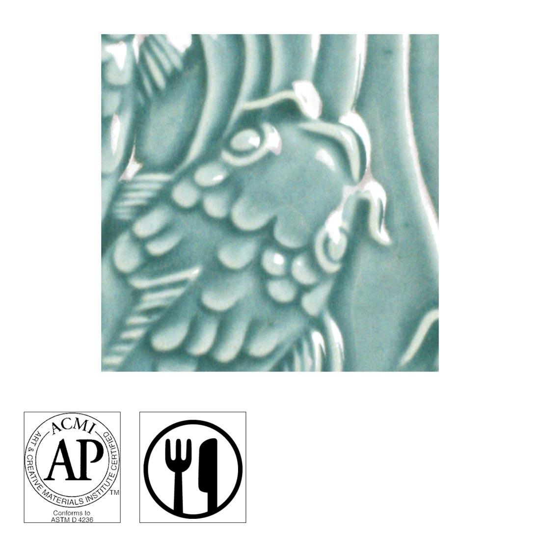 clay tile with Turquoise Green AMACO Gloss Glaze applied; symbols for AP Seal and food safe