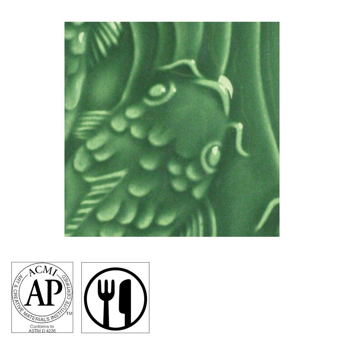 clay tile with Dark Green AMACO Gloss Glaze applied; symbols for AP Seal and food safe