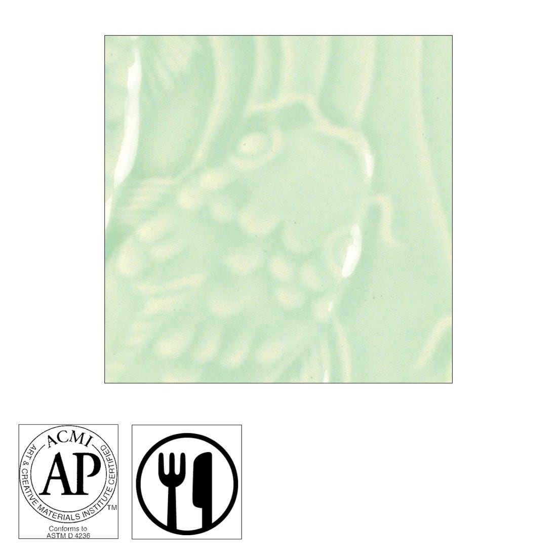 clay tile with Light Green AMACO Gloss Glaze applied; symbols for AP Seal and food safe