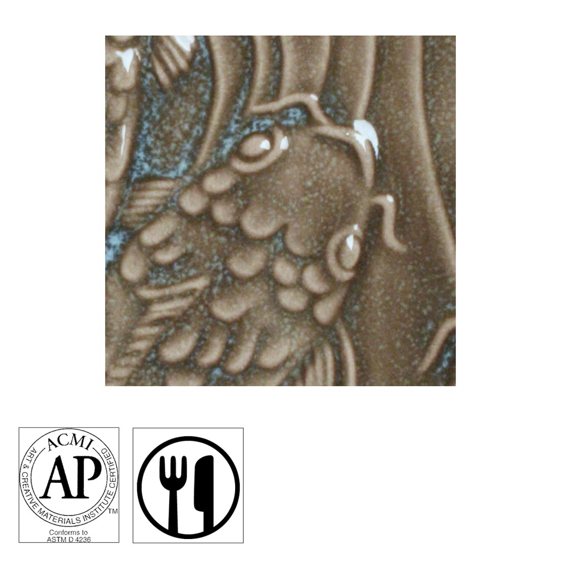 clay tile with Olive Green AMACO Gloss Glaze applied; symbols for AP Seal and food safe