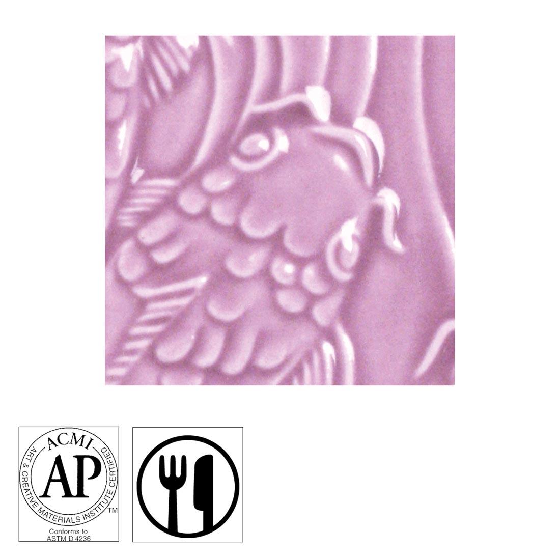 clay tile with Lilac AMACO Gloss Glaze applied; symbols for AP Seal and food safe