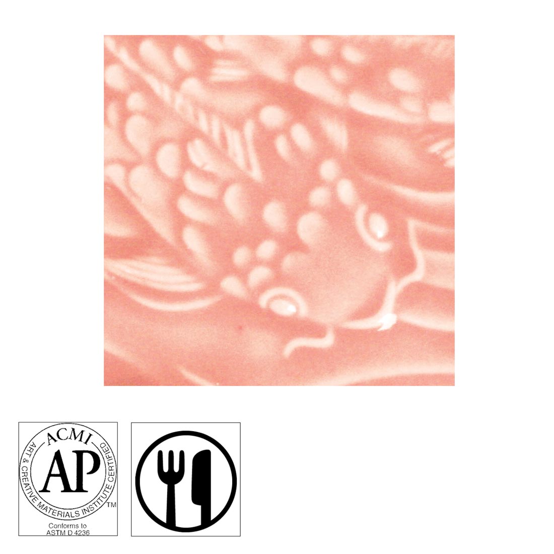 clay tile with Petal Pink AMACO Gloss Glaze applied; symbols for AP Seal and food safe