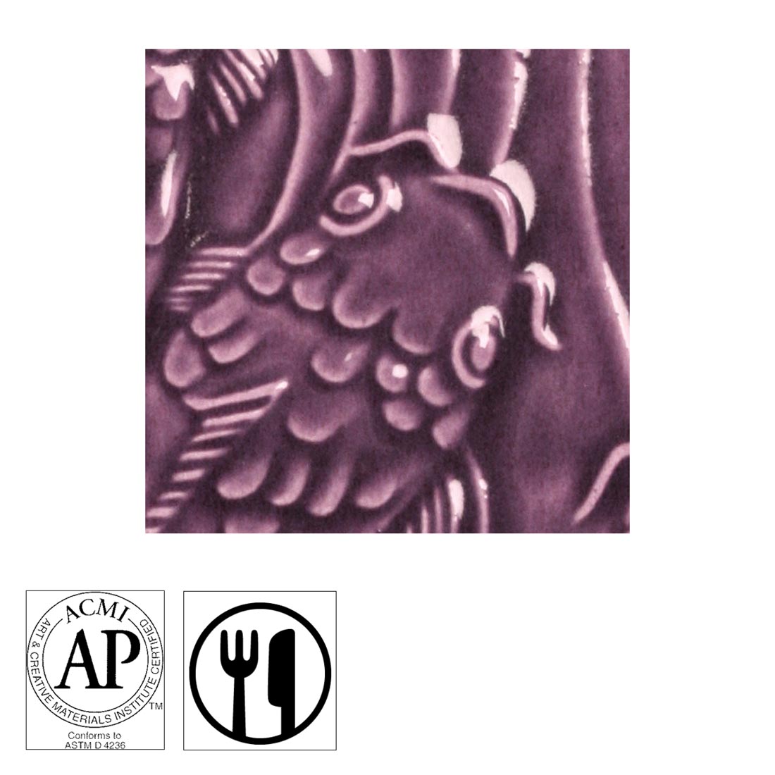 clay tile with Purple AMACO Gloss Glaze applied; symbols for AP Seal and food safe