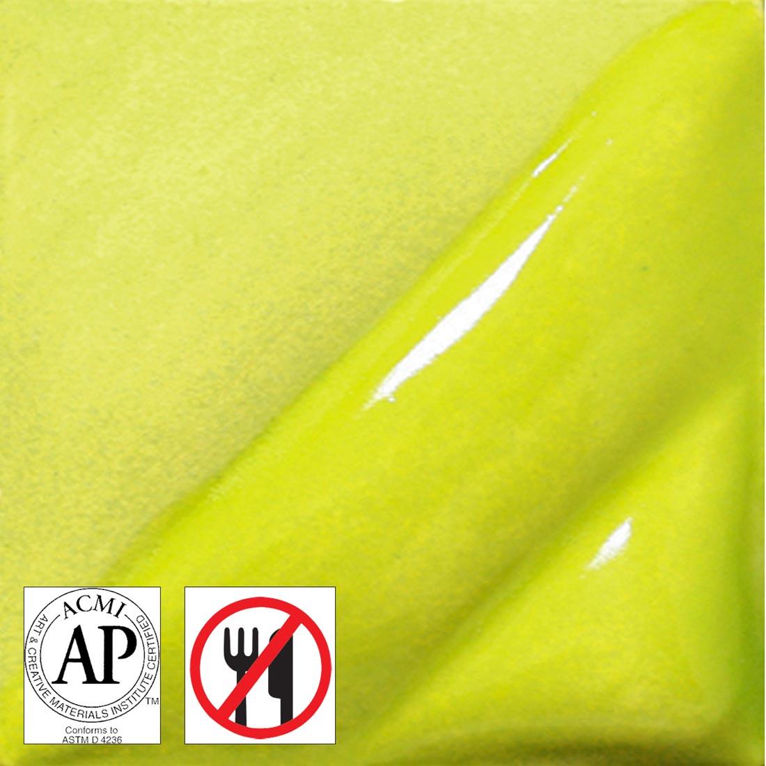 clay tile with Chartreuse AMACO Liquid Underglaze Decorating Color applied; symbols for AP Seal and not food safe