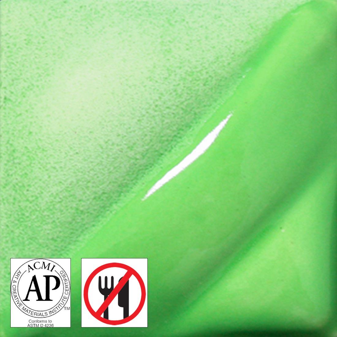 clay tile with Warm Green AMACO Liquid Underglaze Decorating Color applied; symbols for AP Seal and not food safe