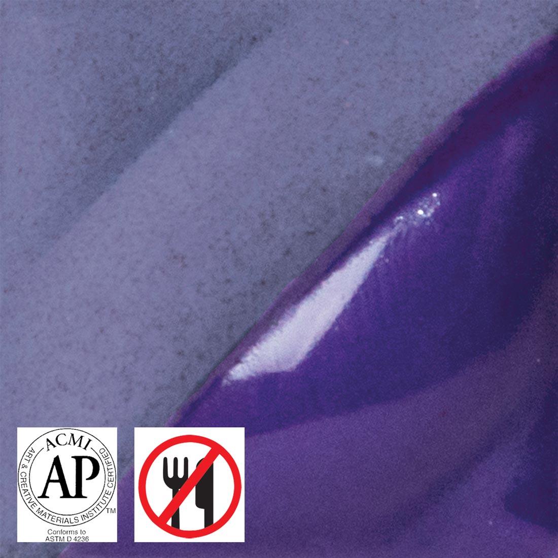 clay tile with Purple AMACO Liquid Underglaze Decorating Color applied; symbols for AP Seal and not food safe