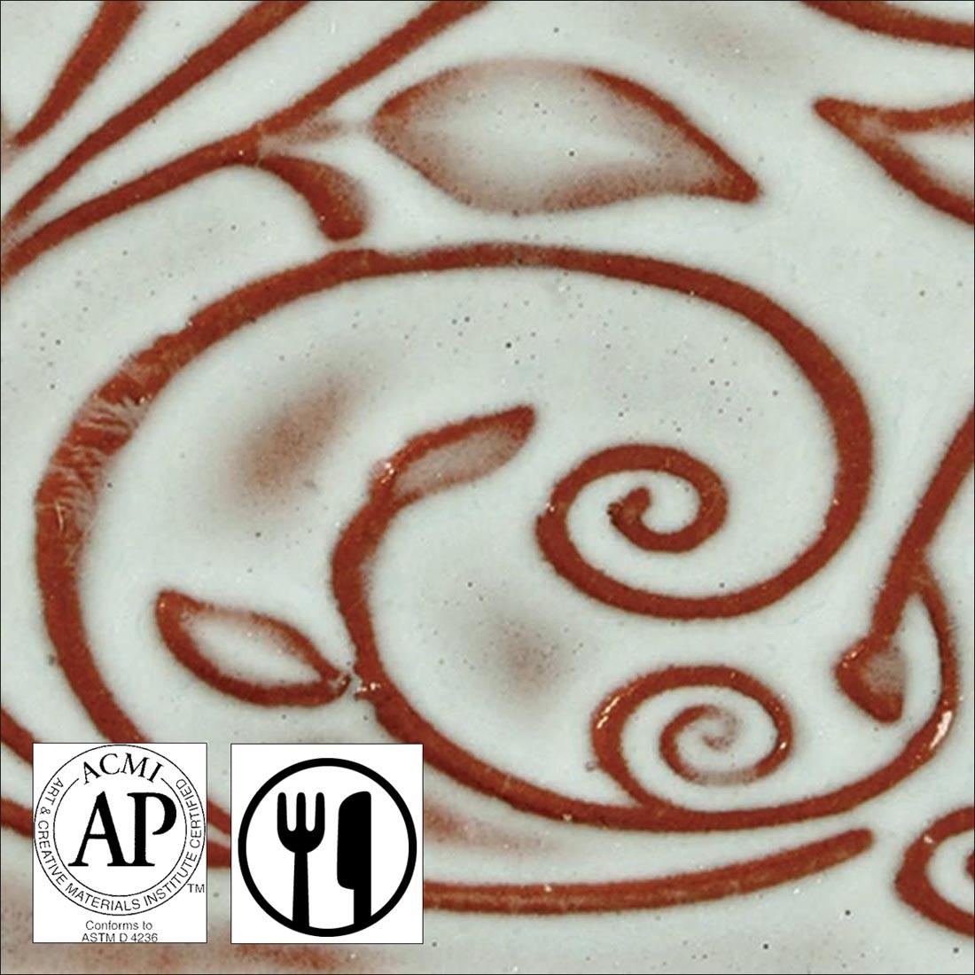 clay tile with Transparent Pearl AMACO Opalescent Glaze applied; symbols for AP Seal and food safe