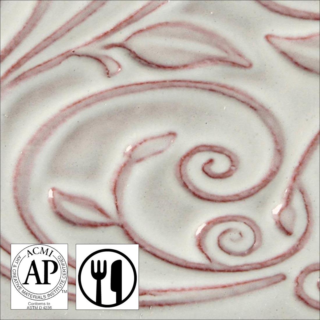 clay tile with White Clover AMACO Opalescent Glaze applied; symbols for AP Seal and food safe