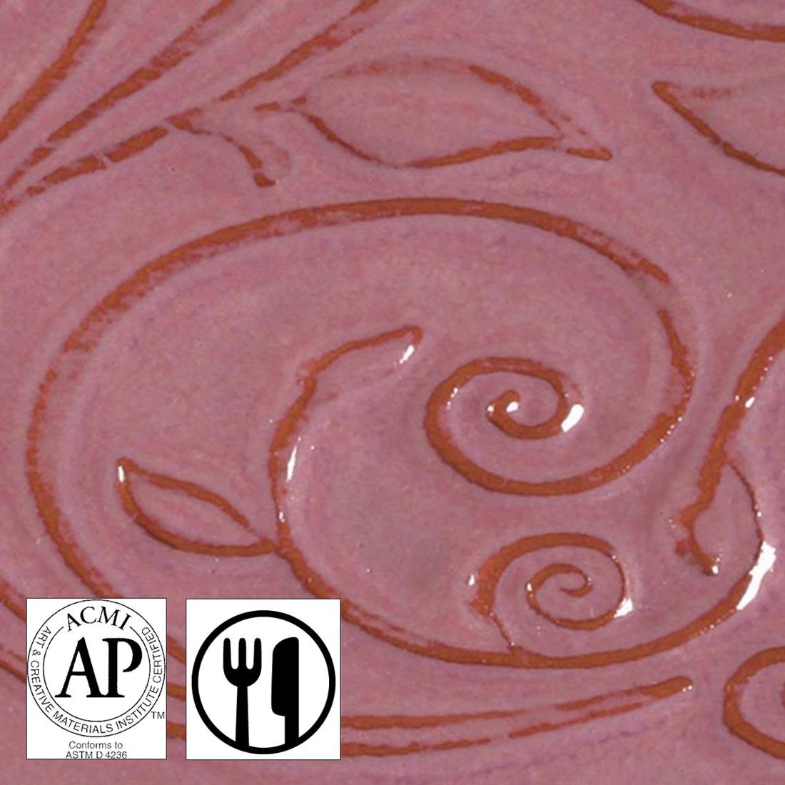 clay tile with Fuchsia AMACO Opalescent Glaze applied; symbols for AP Seal and food safe