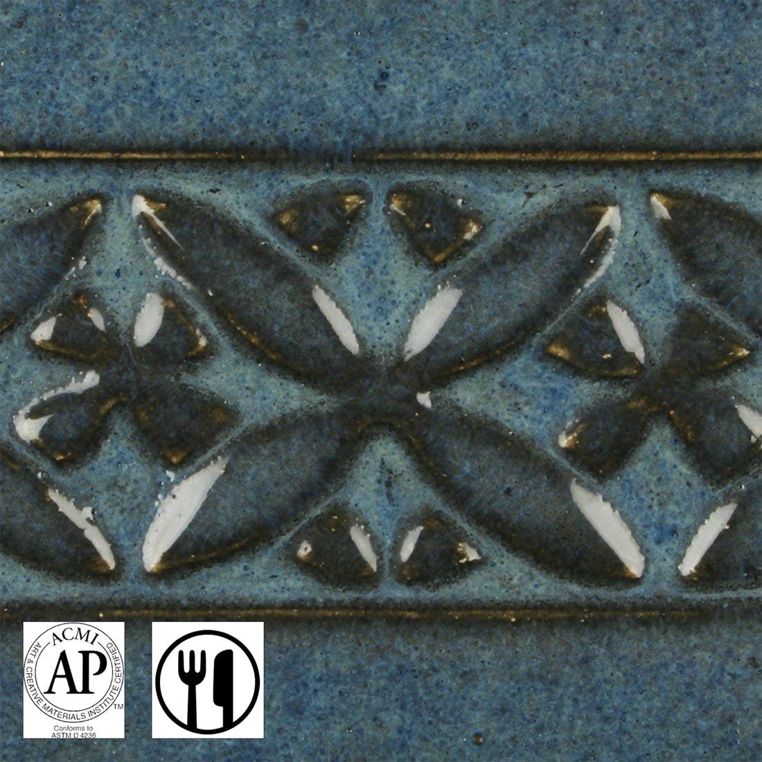 clay tile with Midnight Blue AMACO Potter's Choice High Fire Glaze applied; symbols for AP Seal and food safe