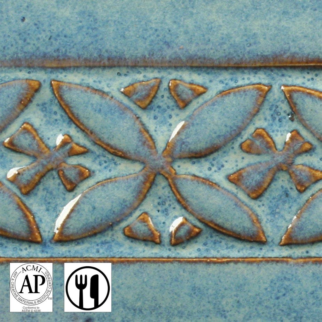 clay tile with Blue Rutile AMACO Potter's Choice High Fire Glaze applied; symbols for AP Seal and food safe