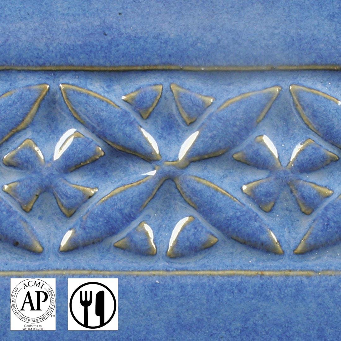 clay tile with Indigo Float AMACO Potter's Choice High Fire Glaze applied; symbols for AP Seal and food safe