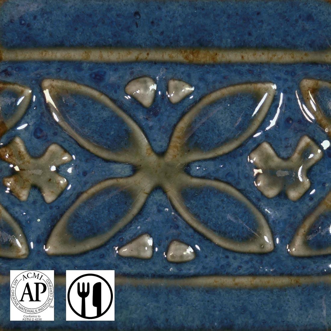 clay tile with Sapphire Float AMACO Potter's Choice High Fire Glaze applied; symbols for AP Seal and food safe