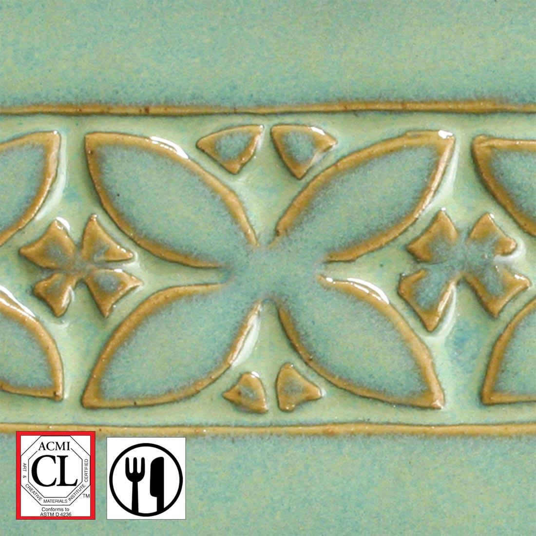 clay tile with Textured Turquoise AMACO Potter's Choice High Fire Glaze applied; symbols for Cautionary Label and food safe