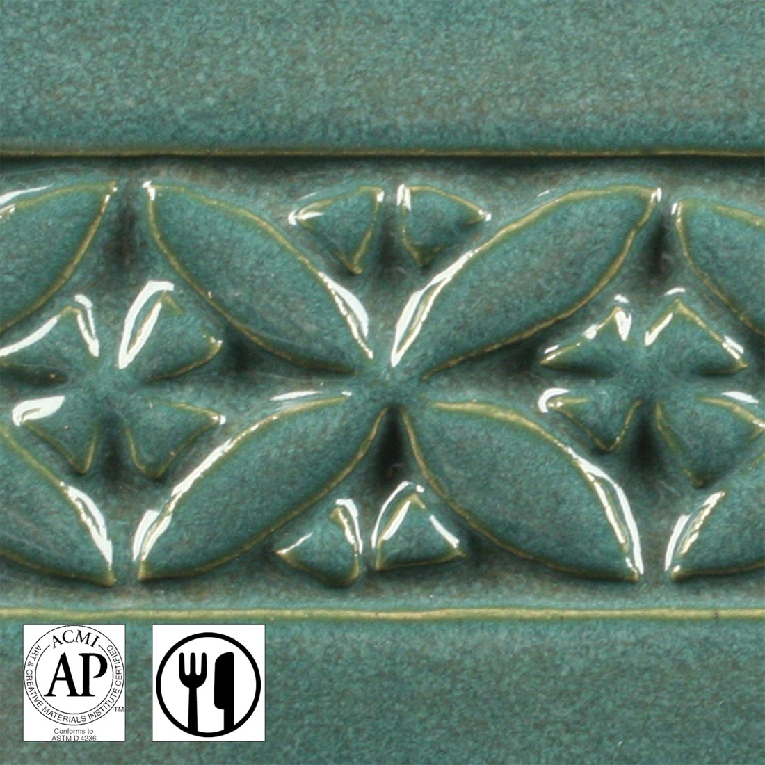 clay tile with Tourmaline AMACO Potter's Choice High Fire Glaze applied; symbols for AP Seal and food safe