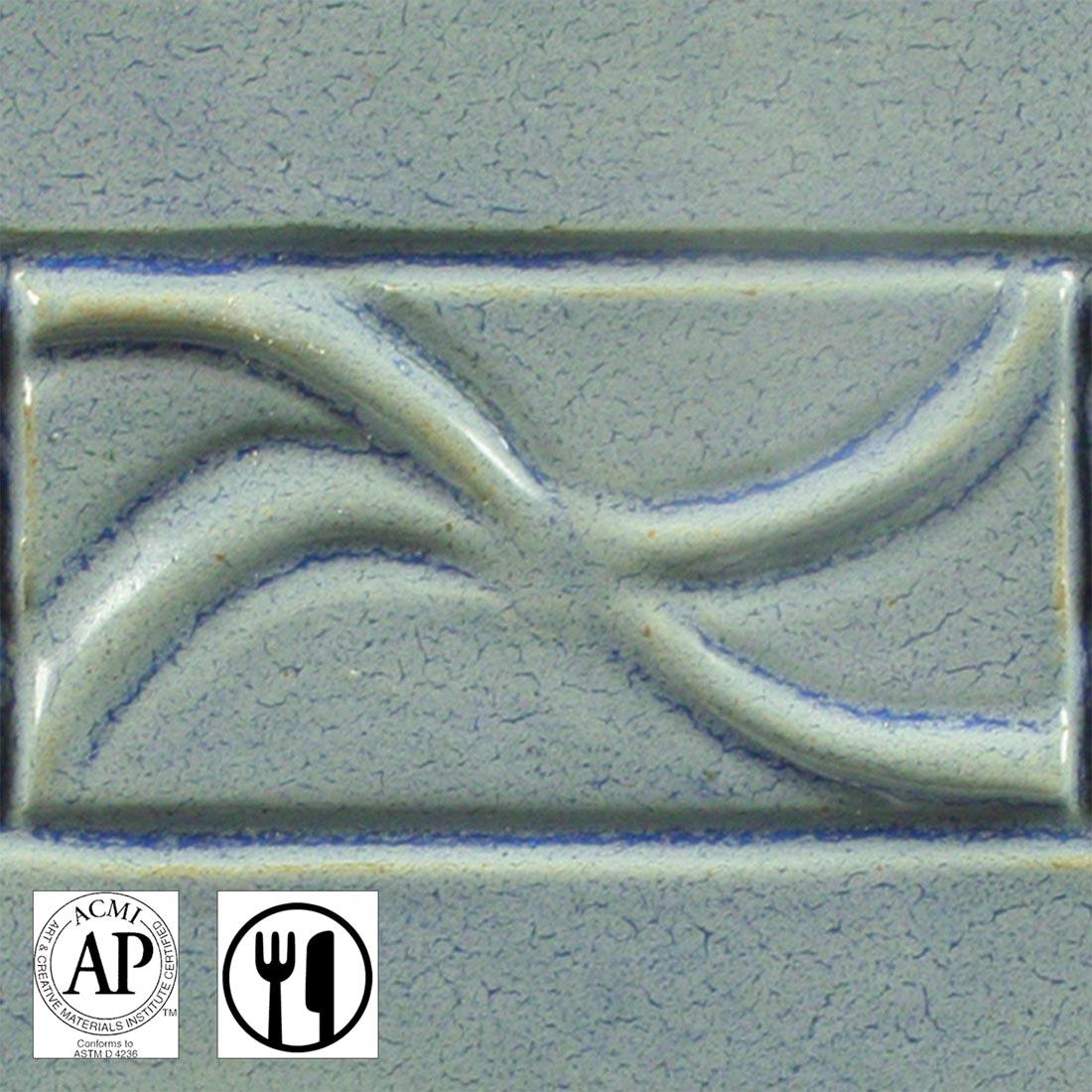 clay tile with Frosted Turquoise AMACO Potter's Choice High Fire Glaze applied; symbols for AP Seal and food safe