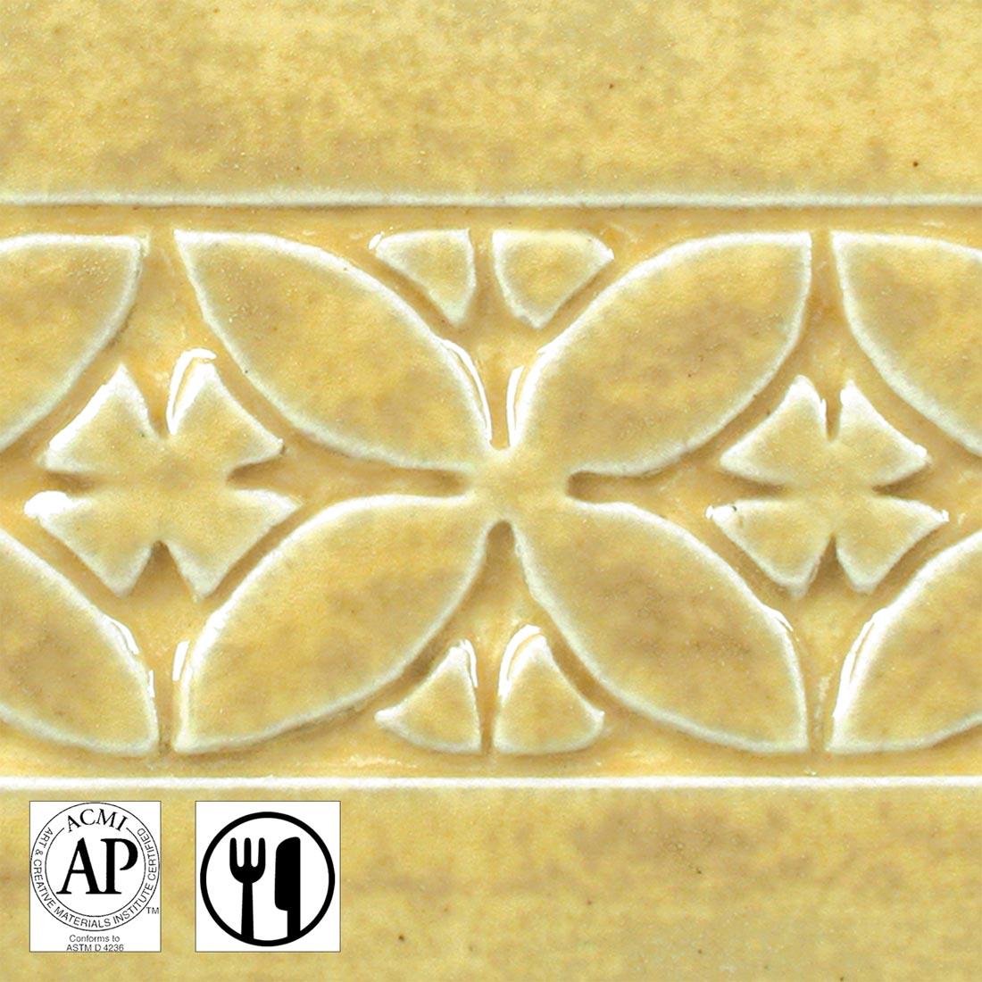 clay tile with Oatmeal AMACO Potter's Choice High Fire Glaze applied; symbols for AP Seal and food safe