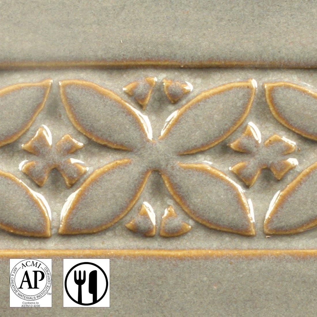 clay tile with Light Sepia AMACO Potter's Choice High Fire Glaze applied; symbols for AP Seal and food safe