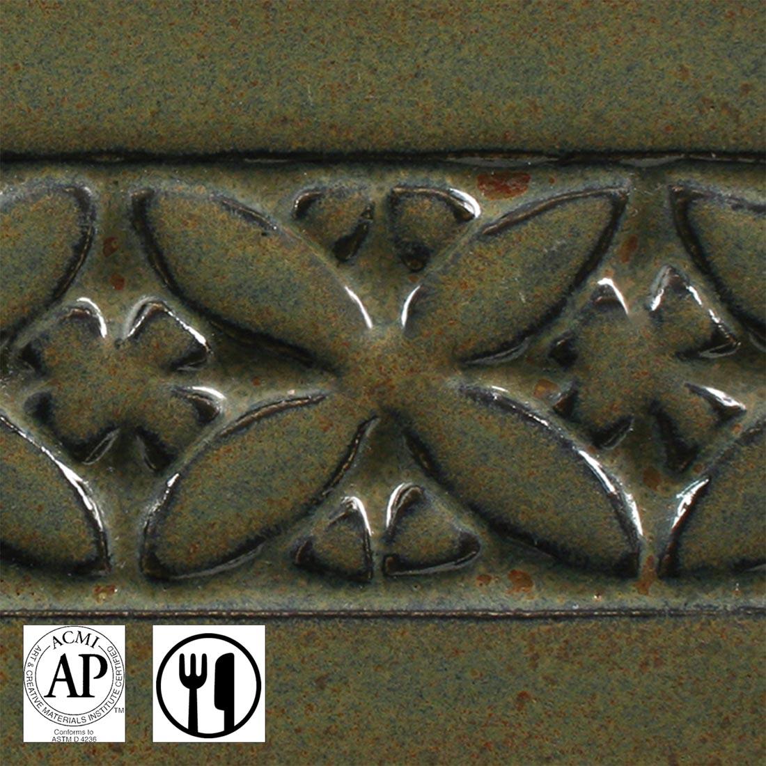 clay tile with Ironstone AMACO Potter's Choice High Fire Glaze applied; symbols for AP Seal and food safe
