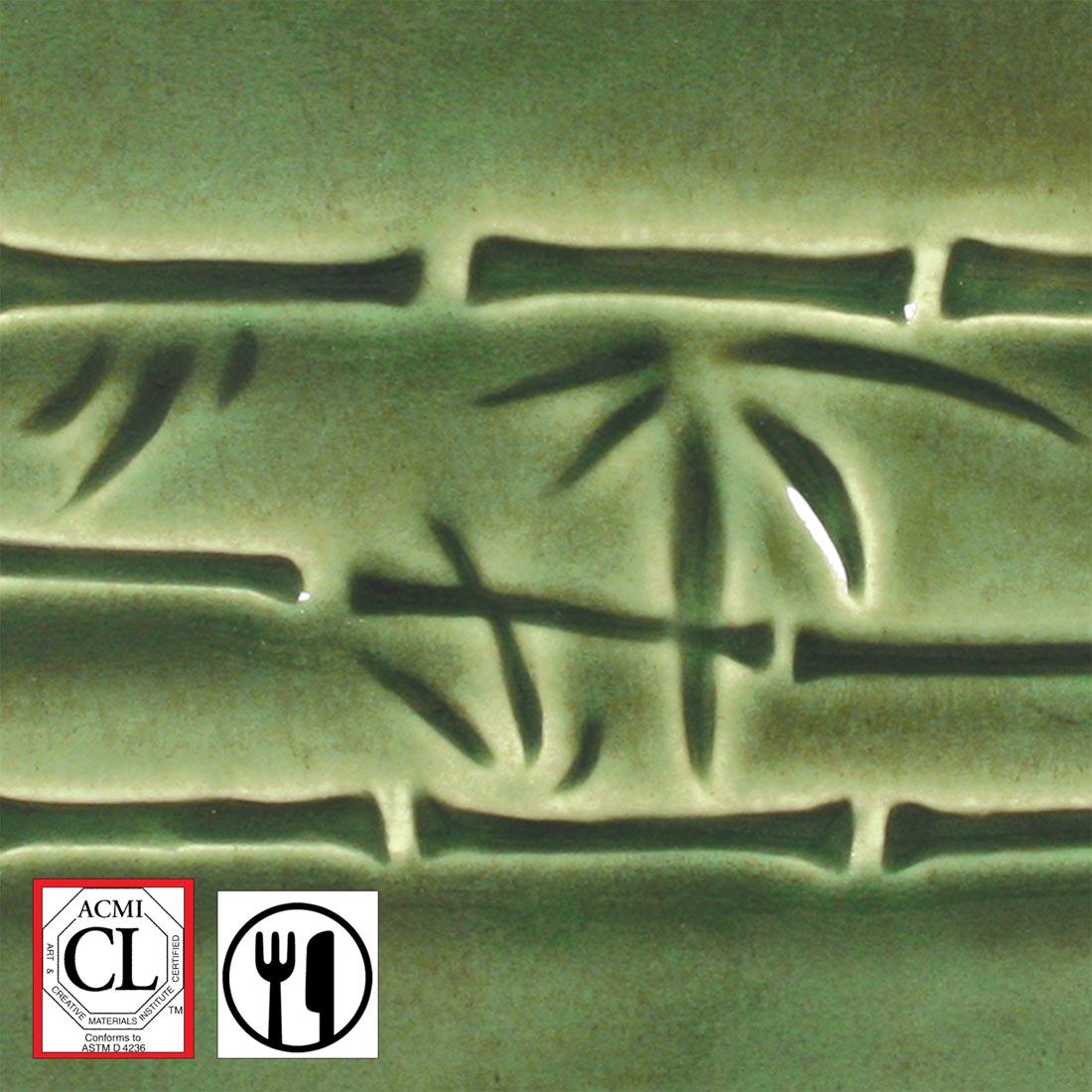 clay tile with Dark Green AMACO Potter's Choice High Fire Glaze applied; symbols for Cautionary Label and food safe
