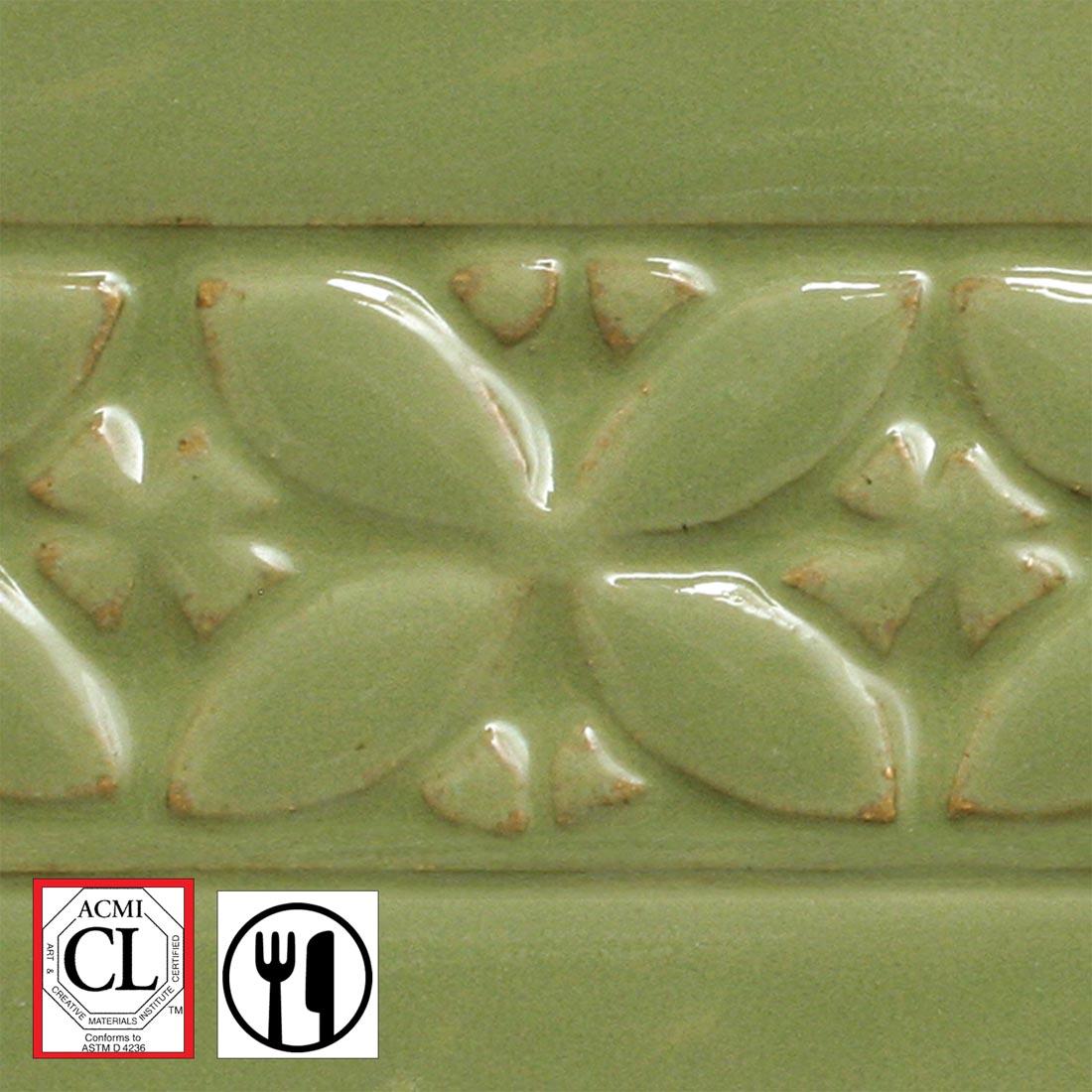 clay tile with Lustrous Jade AMACO Potter's Choice High Fire Glaze applied; symbols for Cautionary Label and food safe