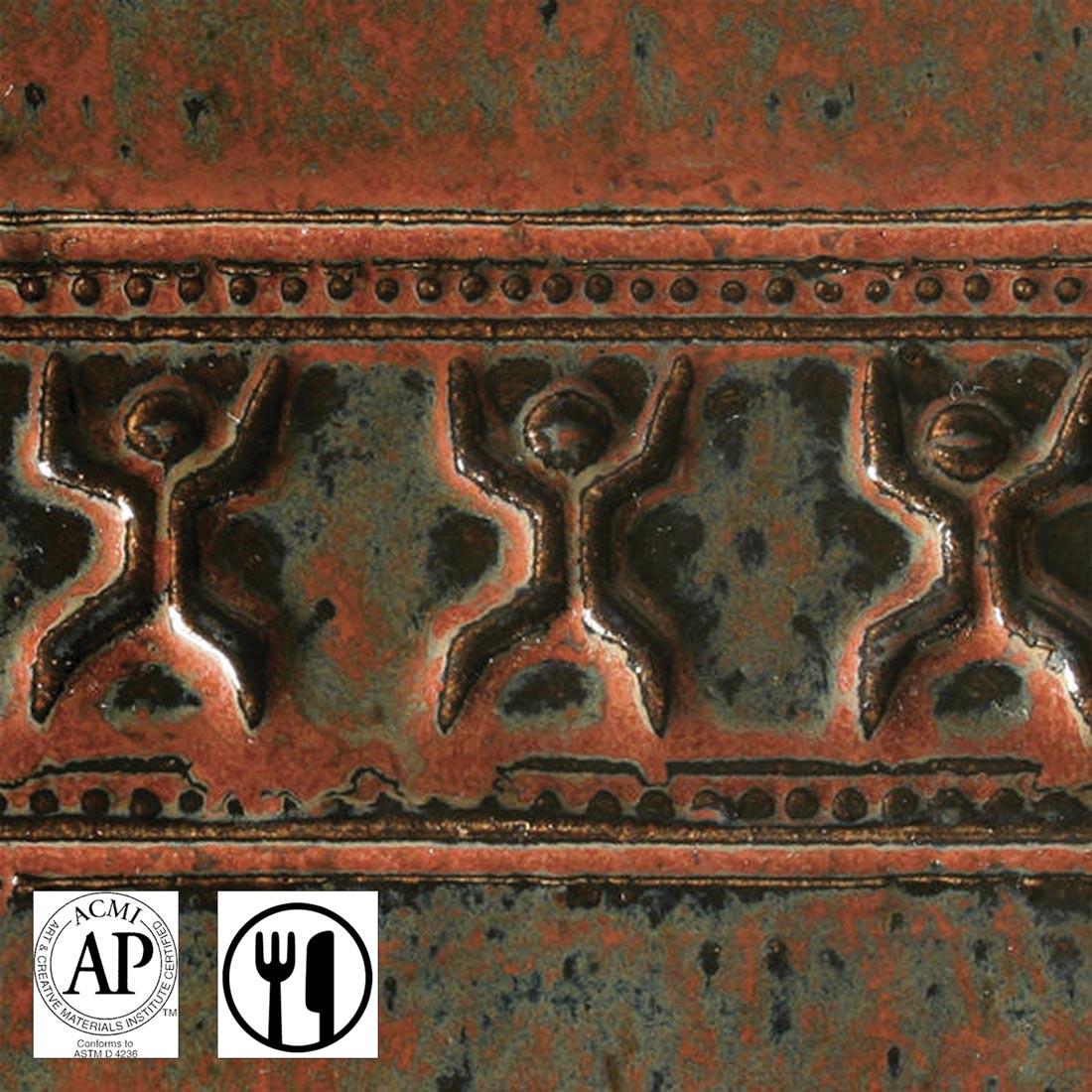 clay tile with AMACO Potter's Choice High Fire Glaze Ancient Jasper applied; symbols for AP Seal and food safe