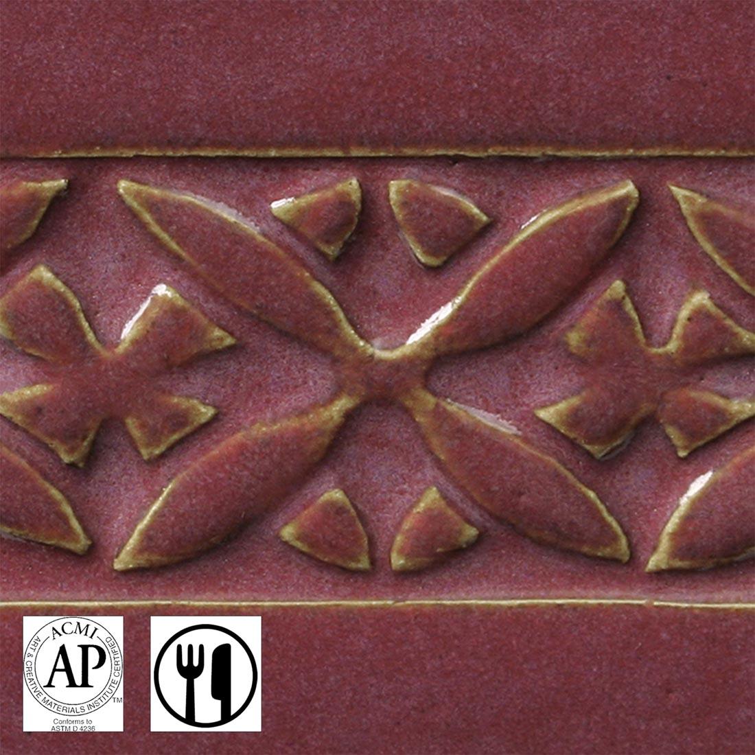 clay tile with Chun Plum AMACO Potter's Choice High Fire Glaze applied; symbols for AP Seal and food safe