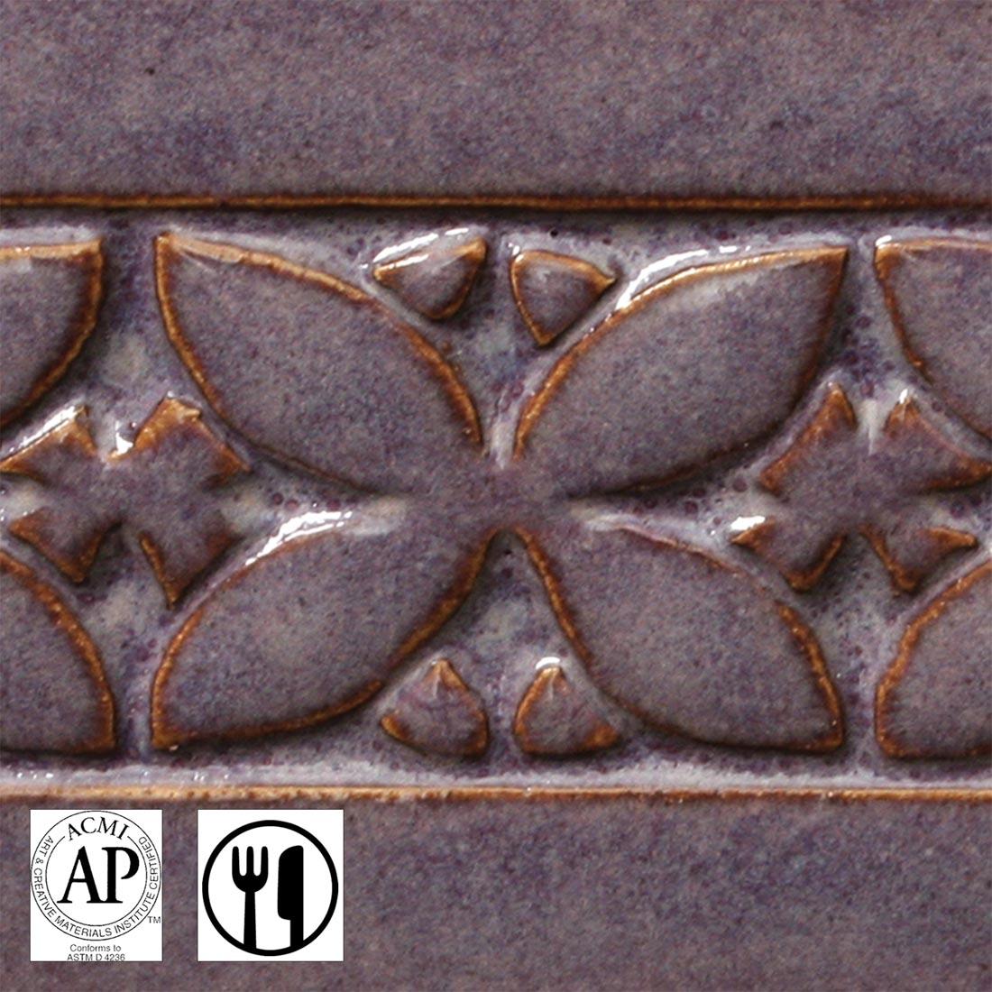 clay tile with Smokey Merlot AMACO Potter's Choice High Fire Glaze applied; symbols for AP Seal and food safe