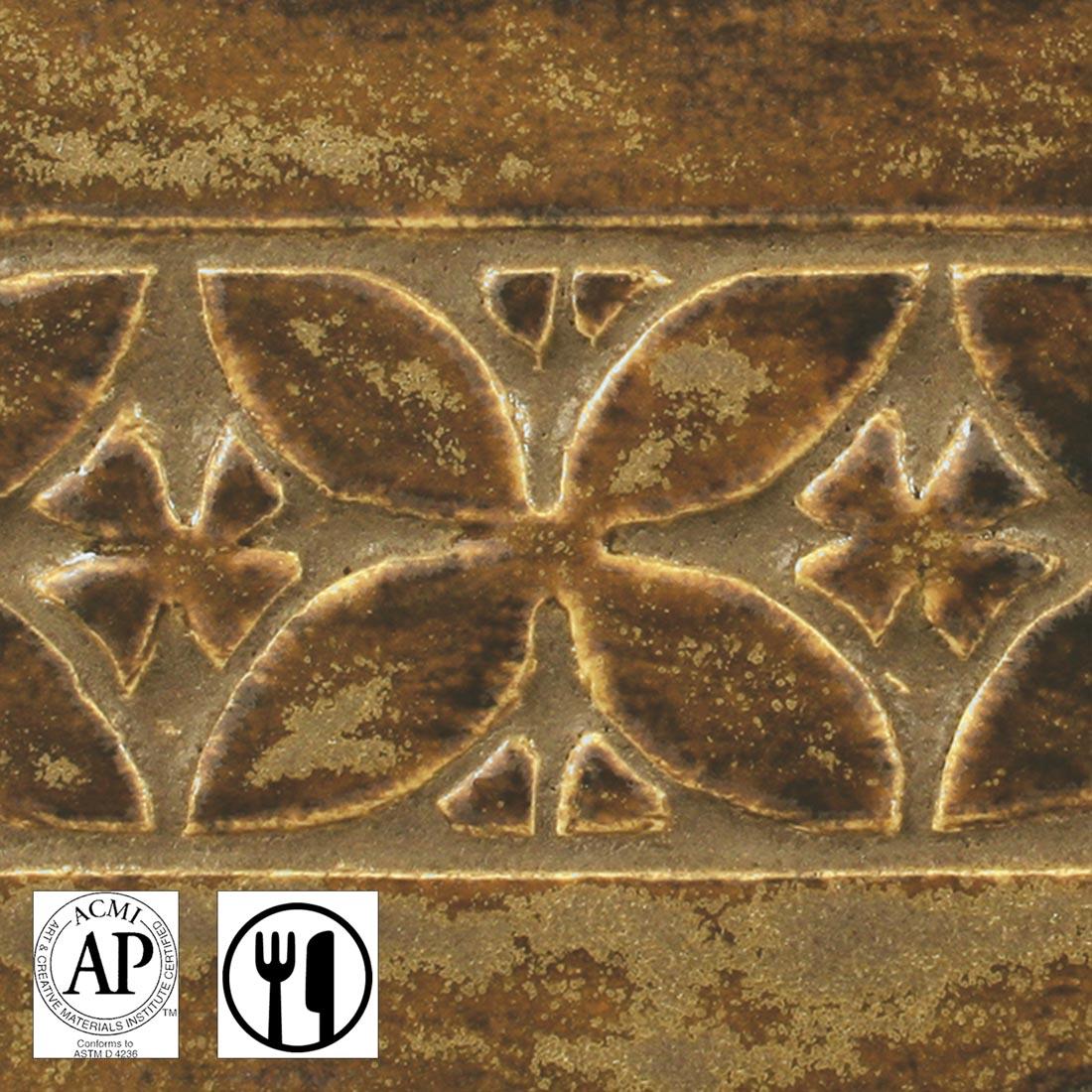 clay tile with Textured Amber AMACO Potter's Choice High Fire Glaze applied; symbols for AP Seal and food safe