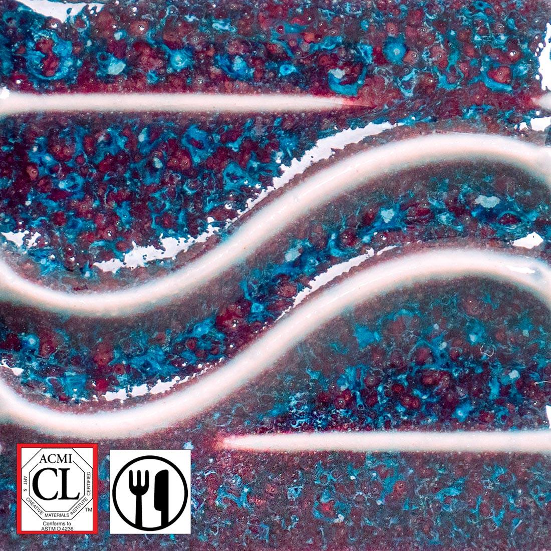 clay tile with Fire and Ice AMACO Potter's Choice glaze applied; symbols for Cautionary Label and food safe