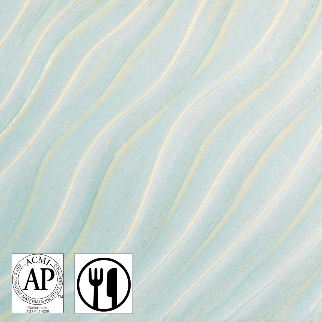 clay tile with Cirrus Flow AMACO Potter's Choice Flux High Fire Glaze applied; symbols for AP Seal and food safe