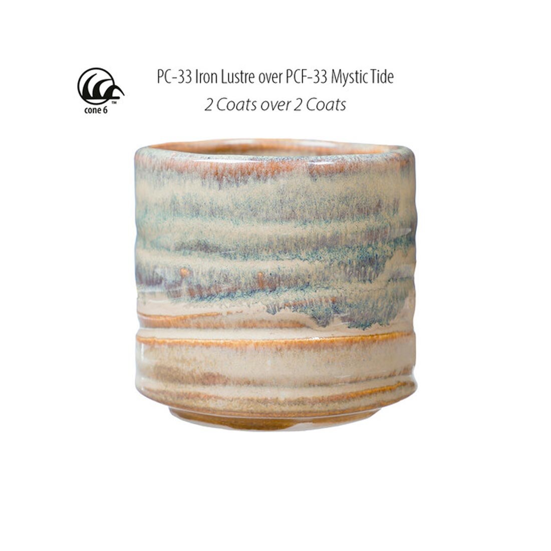 example clay sculpture with AMACO Potter's Choice Flux High Fire Glaze applied plus text PC-33 Iron Lustre over PCF-33 Mystic Tide; 2 coats over 2 coats; cone 6