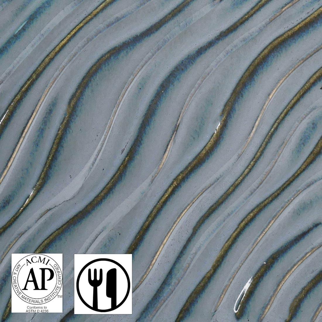 clay tile with Midnight Run AMACO Potter's Choice Flux High Fire Glaze applied; symbols for AP Seal and food safe