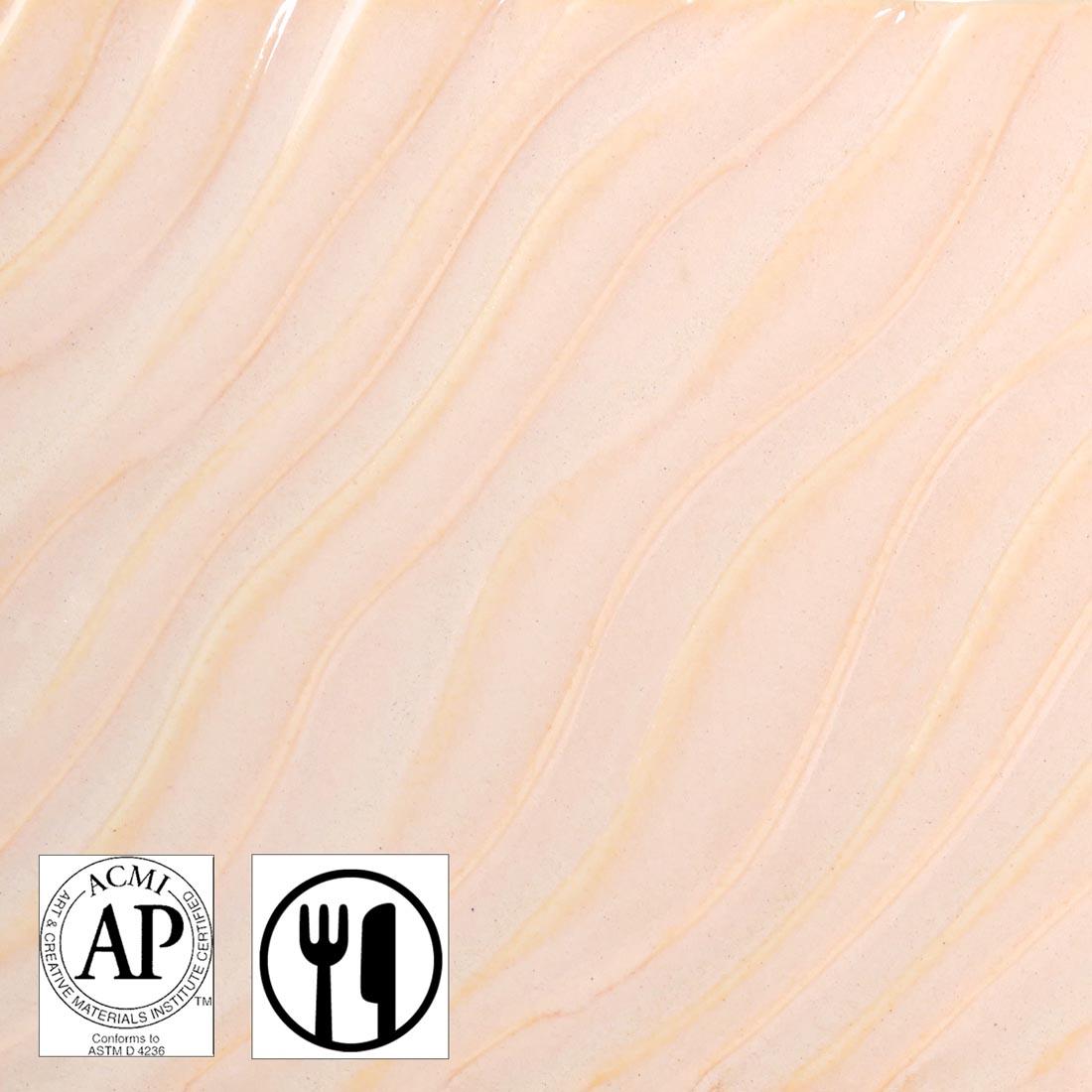 clay tile with Flux Blossom AMACO Potter's Choice Flux High Fire Glaze applied and symbols for AP Seal Non-toxic and Food Safe