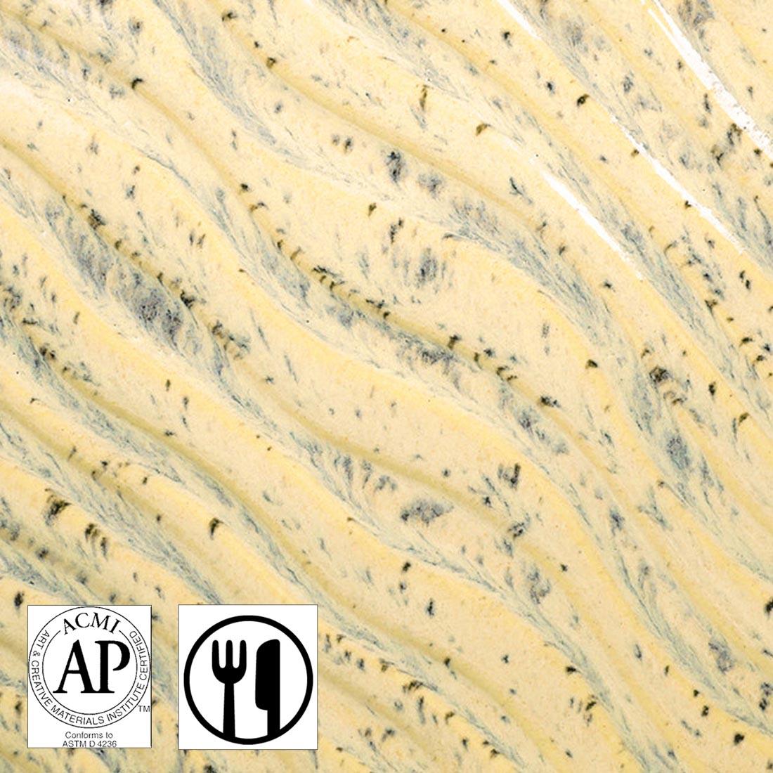 Clay tile with Sun Shower AMACO Potter's Choice Flux High Fire Glaze applied plus symbols for AP Seal and Food Safe
