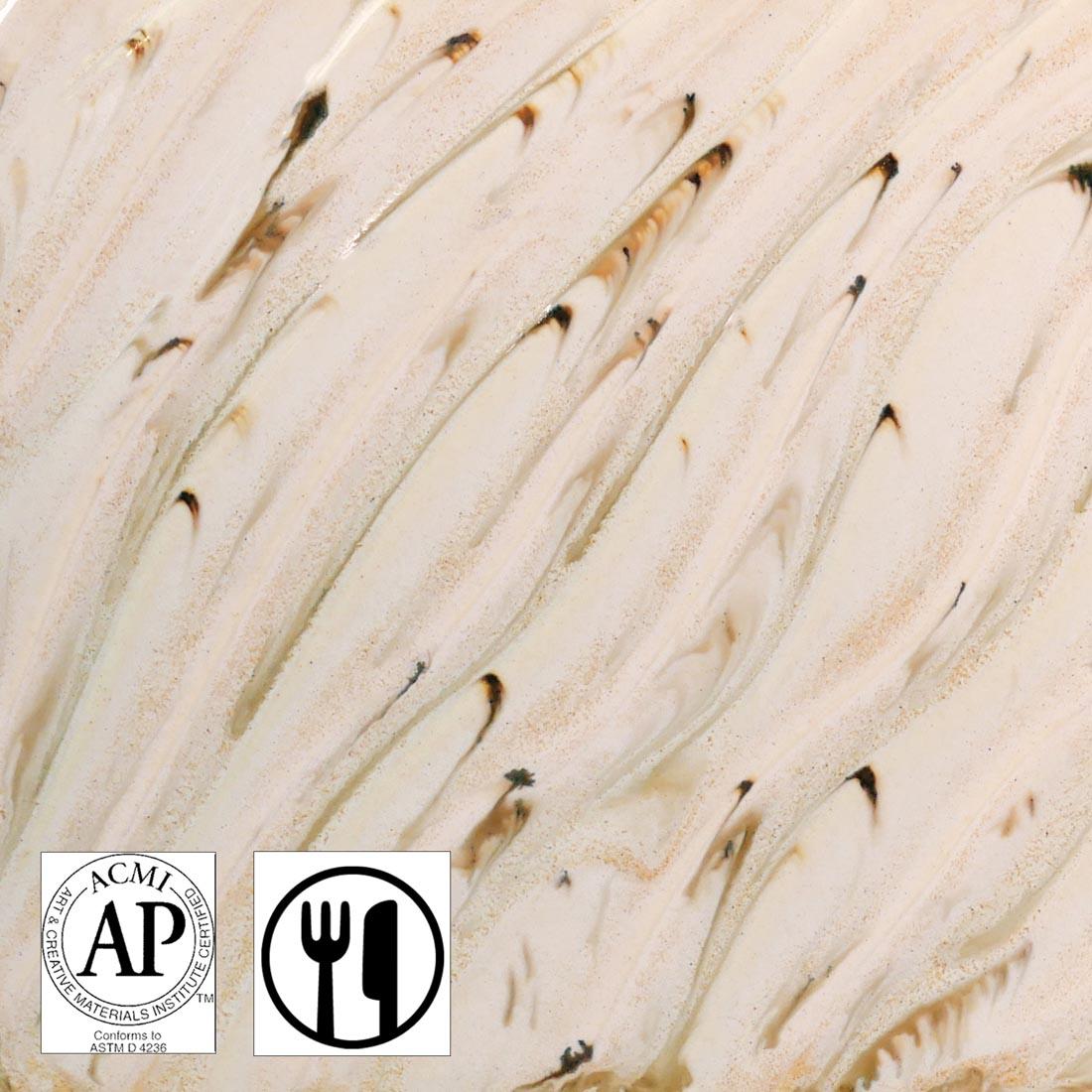 clay tile with River Birch AMACO Potter's Choice Flux High Fire Glaze applied and symbols for AP Seal Non-toxic and Food Safe
