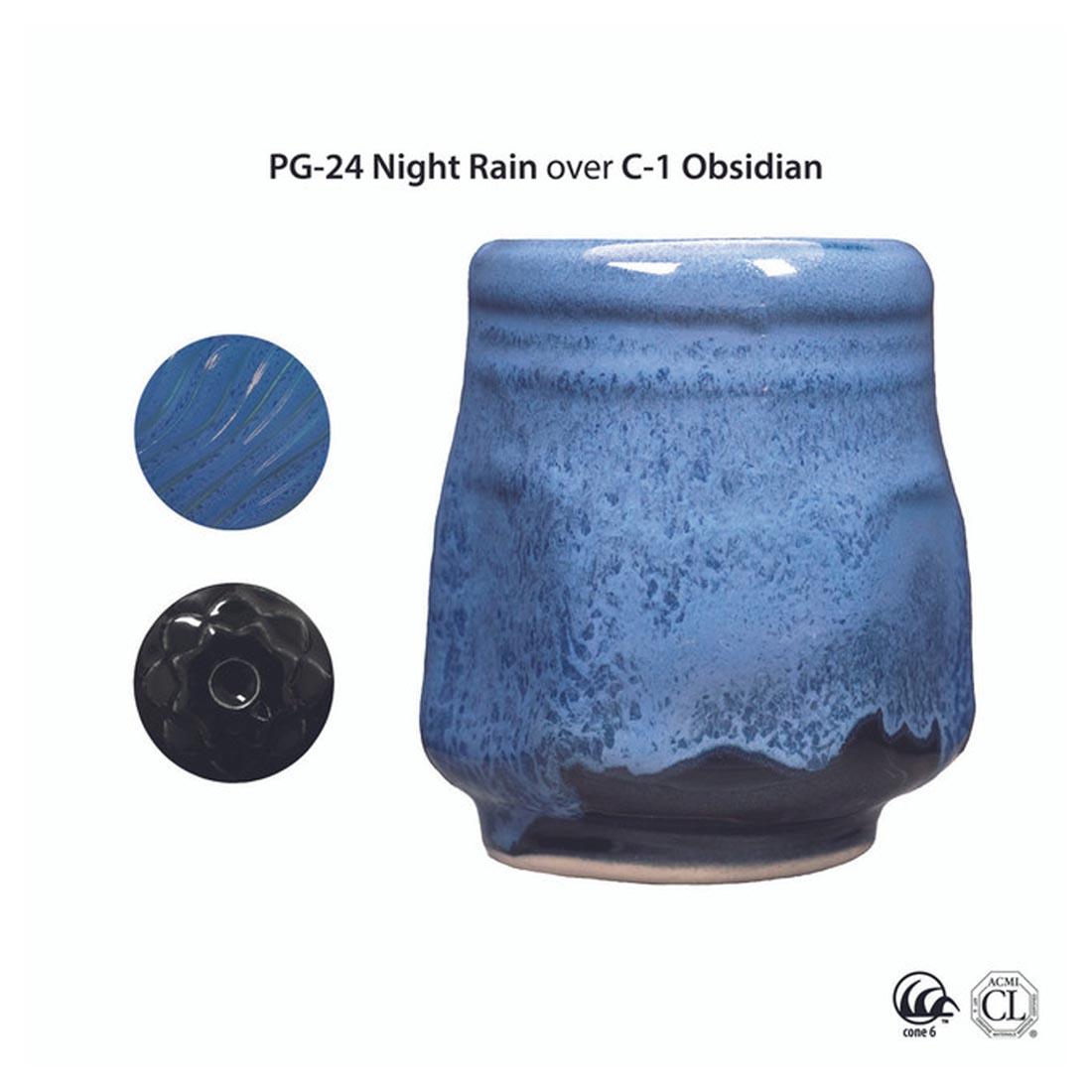 2 glazed clay circles next to an example clay sculpture with AMACO Phase High Fire Glaze applied plus text PG-24 Night Rain over C-1 Obsidian plus icon symbols for cone 6 and Cautionary Label