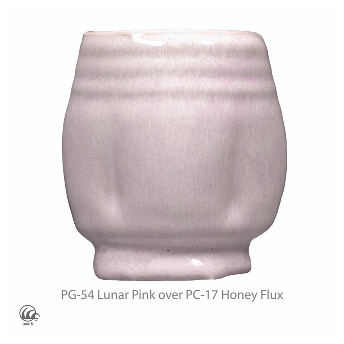 example clay sculpture with AMACO Phase High Fire Glaze applied plus text PG-54 Lunar Pink over PC-17 Honey Flux plus icon symbol for cone 6