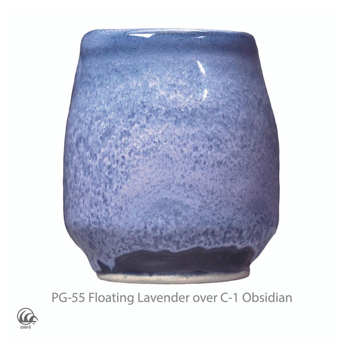 example clay sculpture with AMACO Phase High Fire Glaze applied plus text PG-55 Floating Lavender over C-1 Obsidian plus icon symbol for cone 6