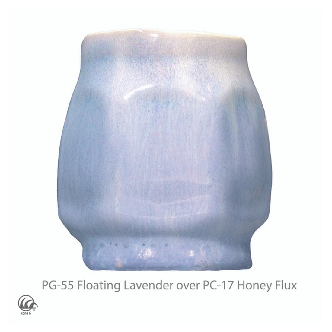 example clay sculpture with AMACO Phase High Fire Glaze applied plus text PG-55 Floating Lavender over PC-17 Honey Flux plus icon symbol for cone 6