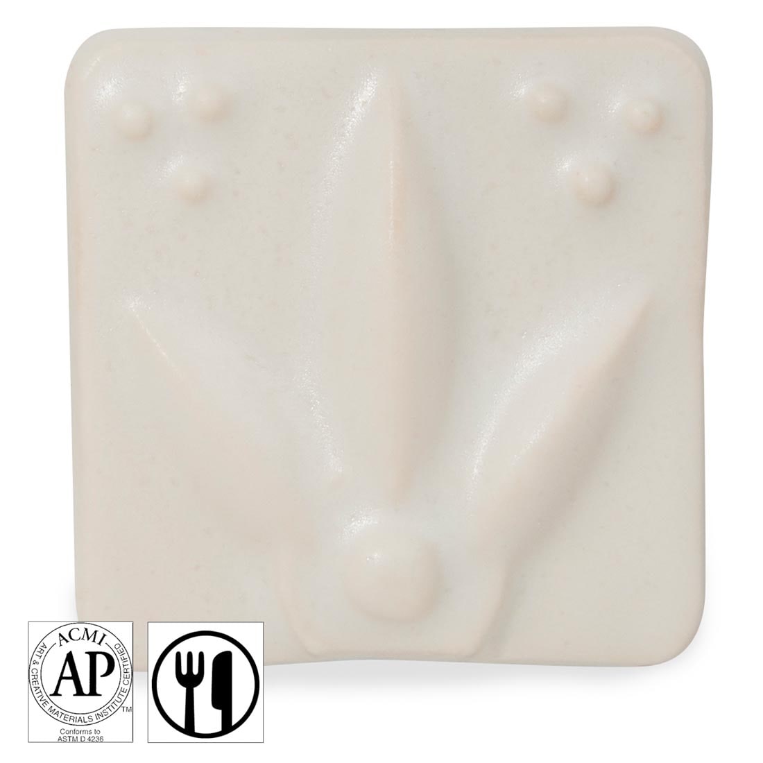 clay tile with White AMACO Satin Matte Glaze applied; symbols for AP Seal and food safe