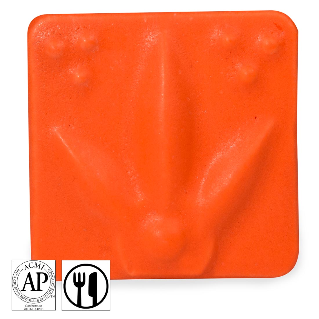 clay tile with Orange AMACO Satin Matte Glaze applied; symbols for AP Seal and food safe