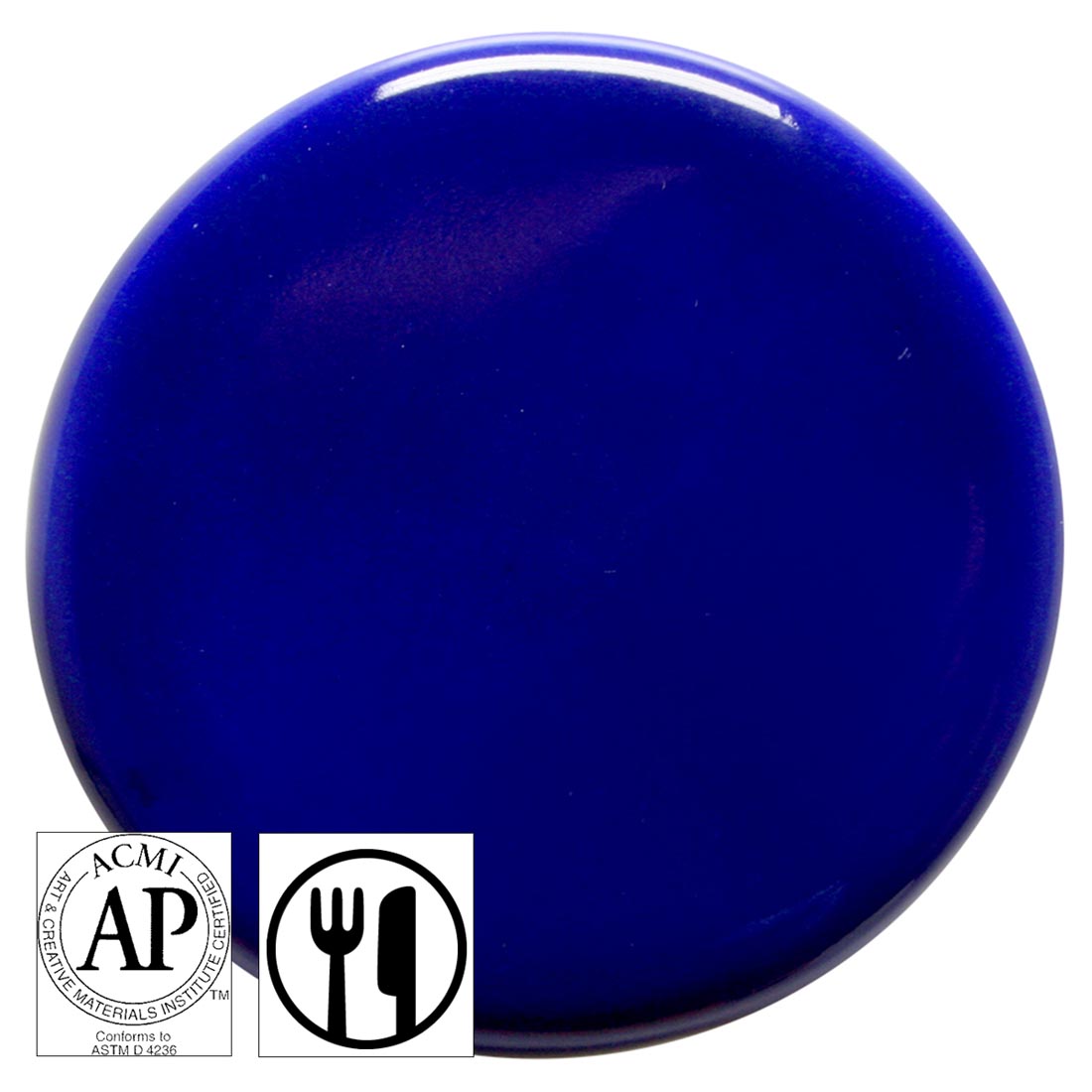 clay tile with Midnight Blue AMACO Teacher's Palette Gloss Glaze applied; symbols for AP Seal and food safe