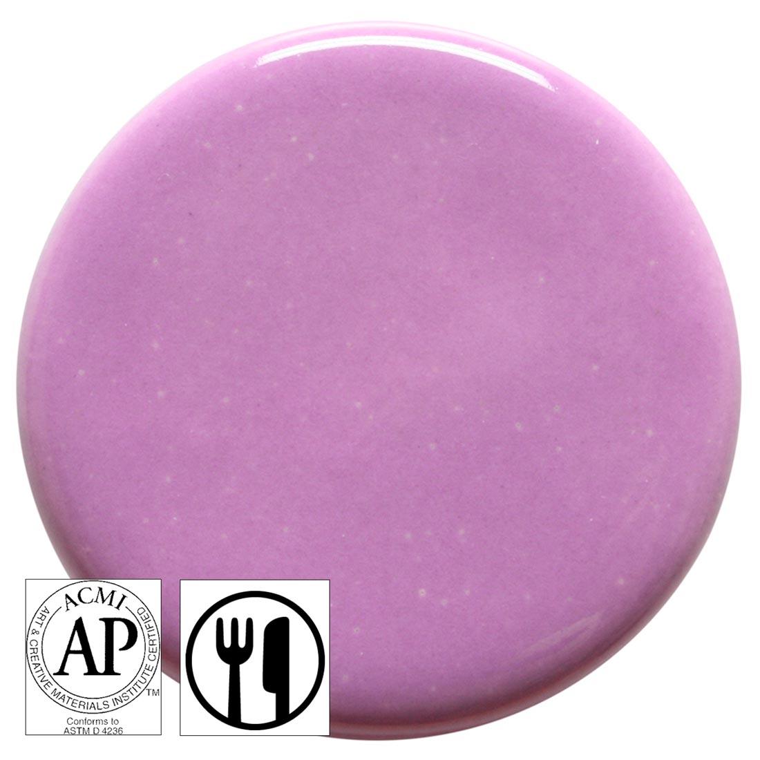 clay tile with Lilac AMACO Teacher's Palette Gloss Glaze applied; symbols for AP Seal and food safe