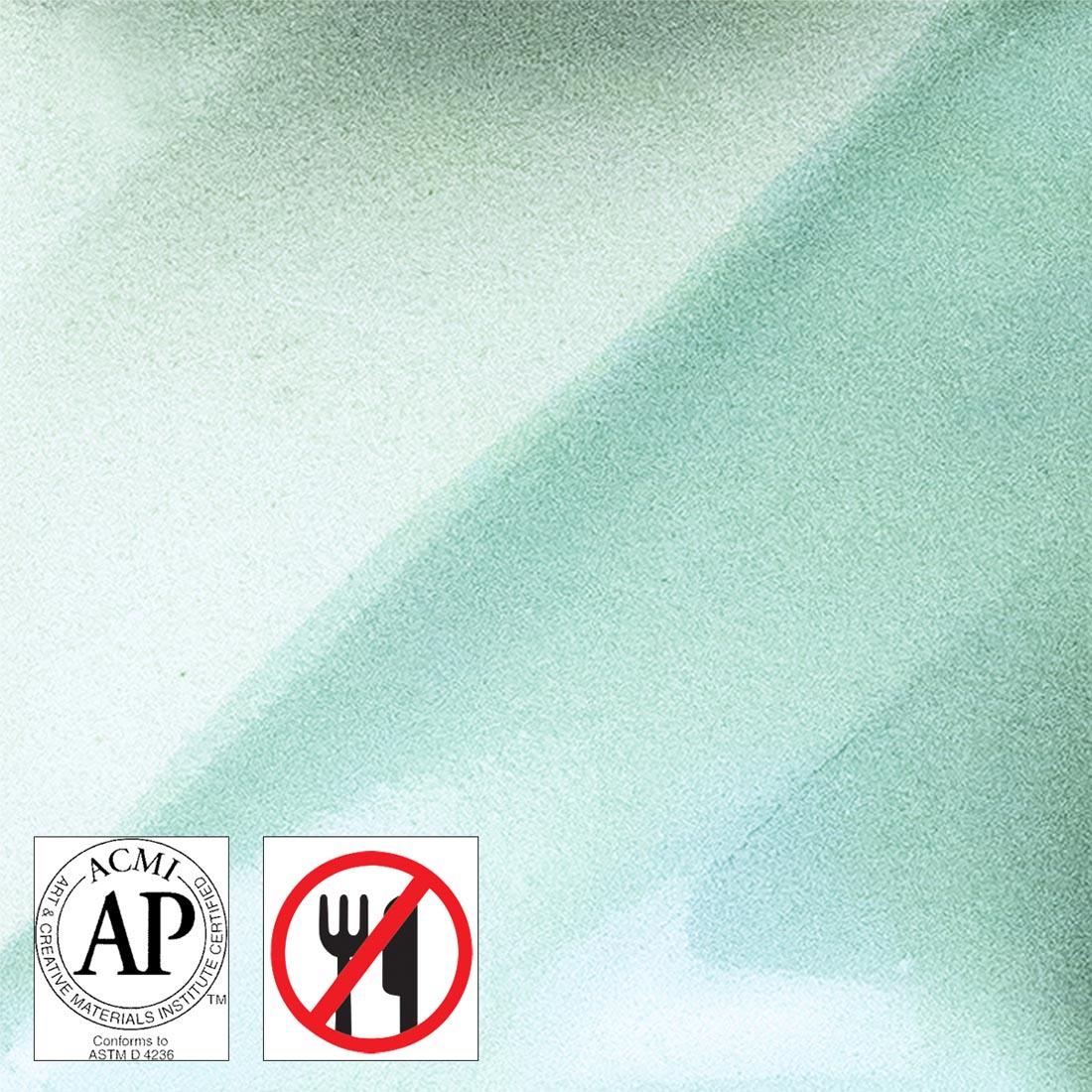clay tile with Sea Glass AMACO Velvet Underglaze applied; symbols for AP Seal and not food safe