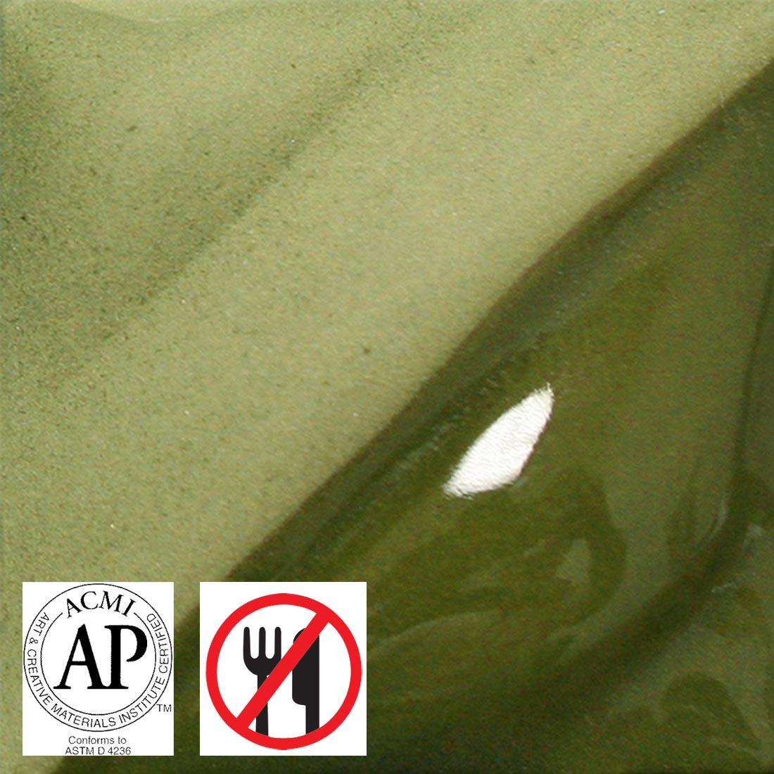 clay tile with Avocado AMACO Velvet Underglaze applied; symbols for AP Seal and not food safe