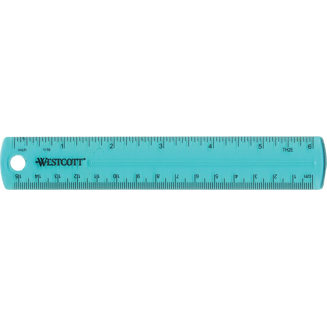 teal-colored ruler with a hole punched on one end