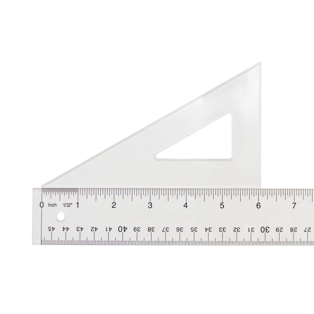 Triangular Scale with 30 and 60 Degree angles; shown with a ruler to measure the length of 6"